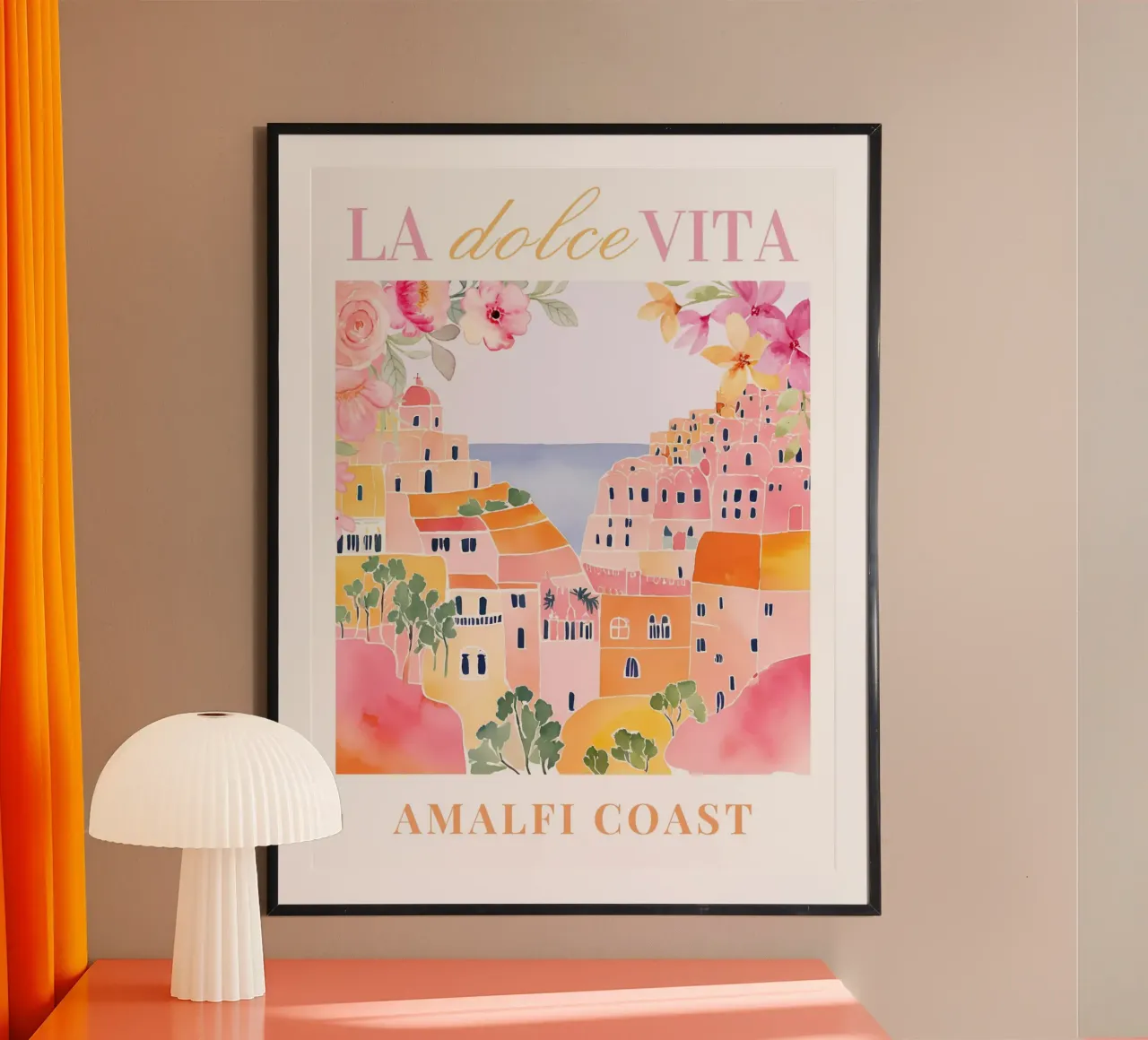 Amalfi Coast Pink Print poster met houten frame van Bella Studio