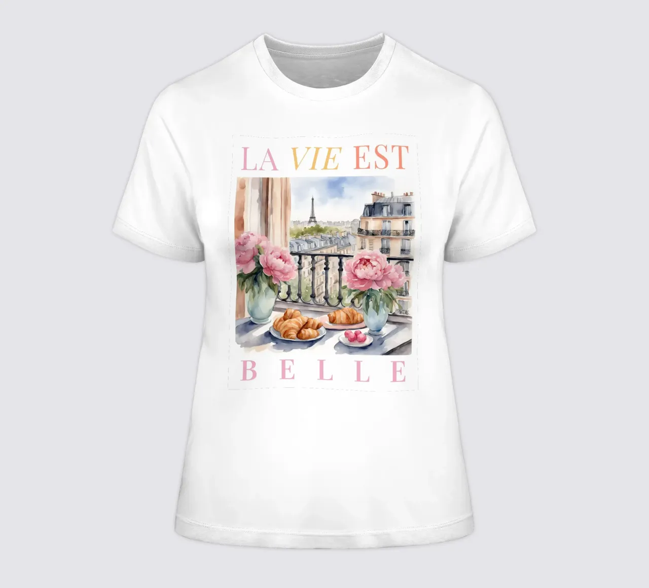 Paris Croissants and Coffee Print Frauen T-Shirt von Bella Studio