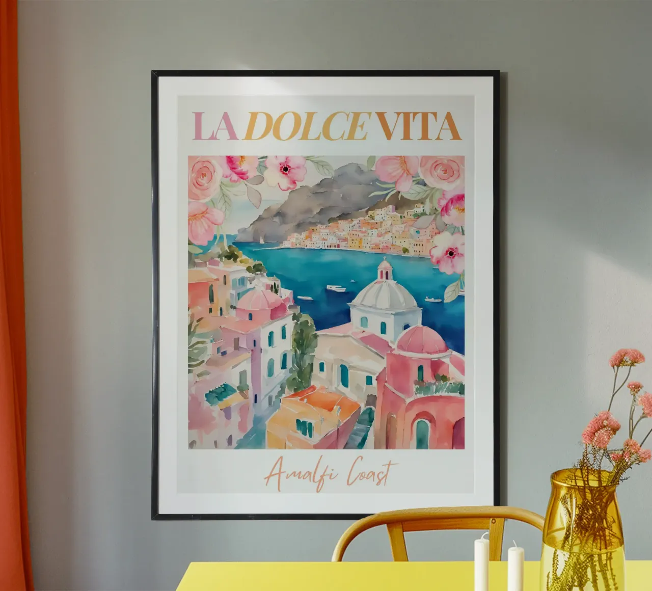 Amalfi Coast, Travel Poster, Positano, La Dolce Vita poster con telaio in plastica da Bella Studio