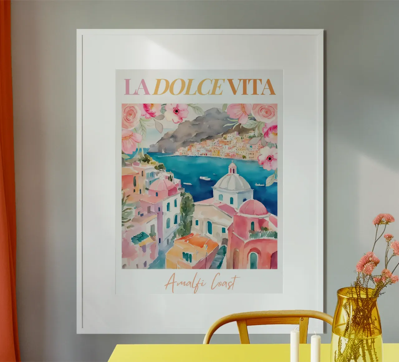Amalfi Coast, Travel Poster, Positano, La Dolce Vita poster con telaio in plastica da Bella Studio