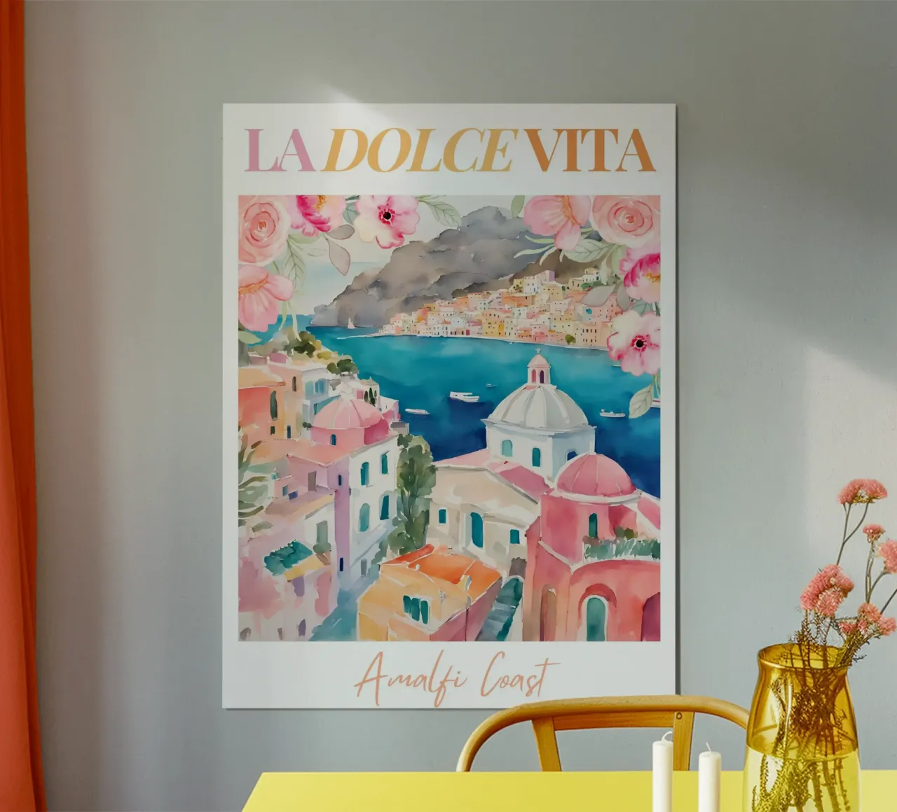 Amalfi Coast, Travel Poster, Positano, La Dolce Vita poster con telaio in plastica da Bella Studio