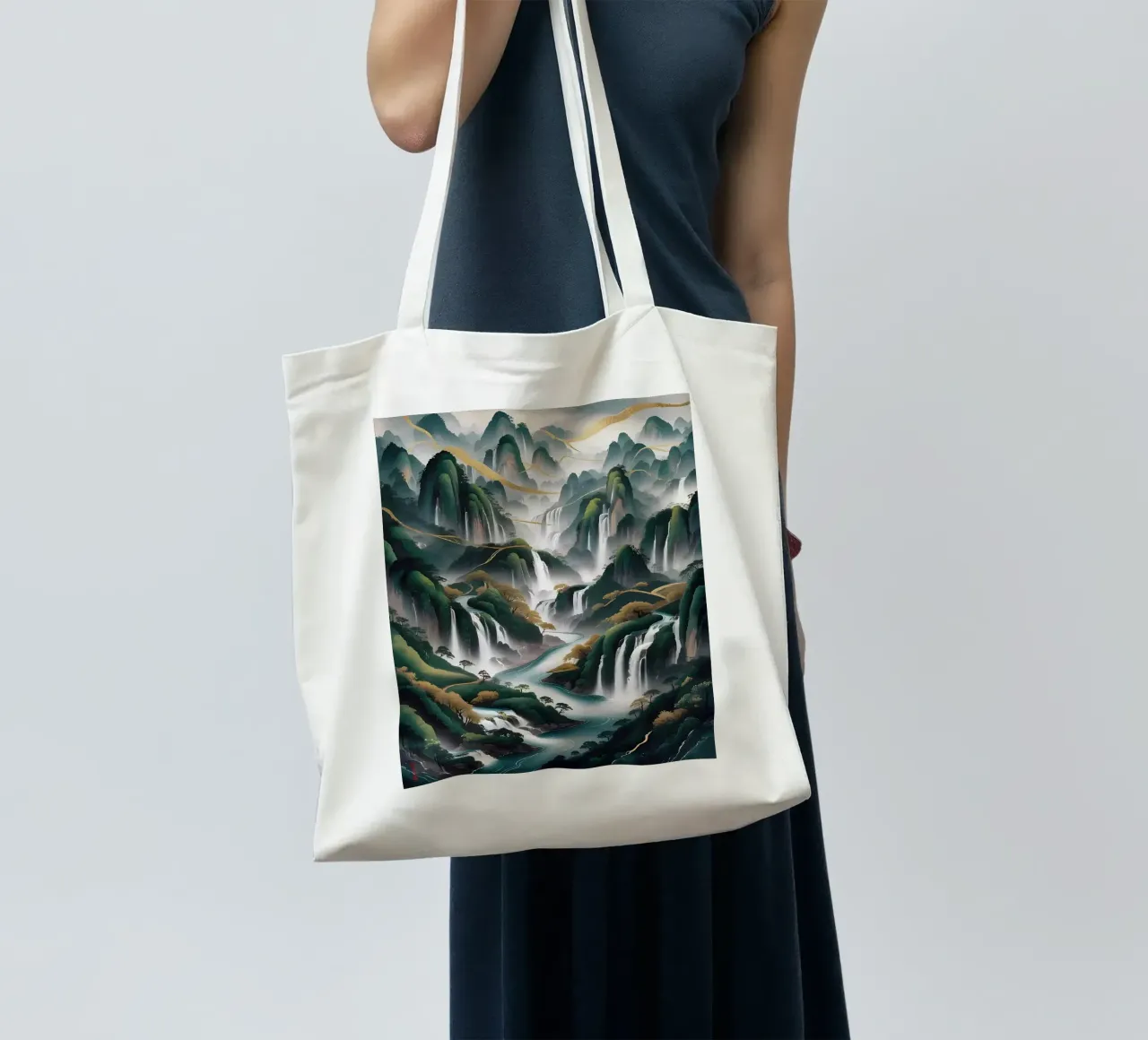 Cascate serene: un'armonia d'oro borsa in juta da Artistic-shop