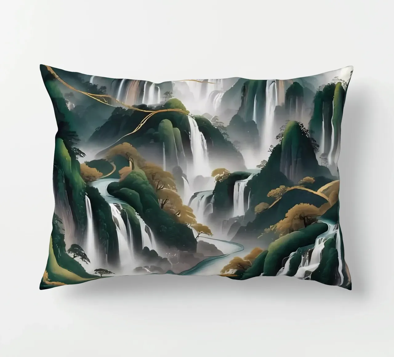 Cascate serene: un'armonia d'oro cuscino da Artistic-shop