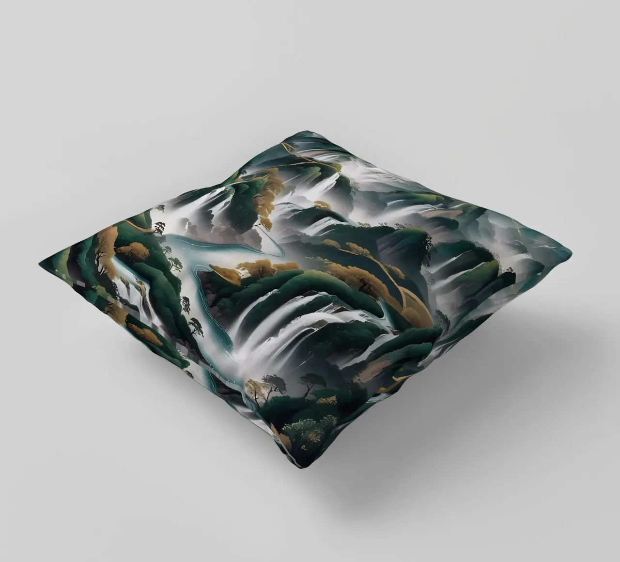 Cascate serene: un'armonia d'oro cuscino da Artistic-shop