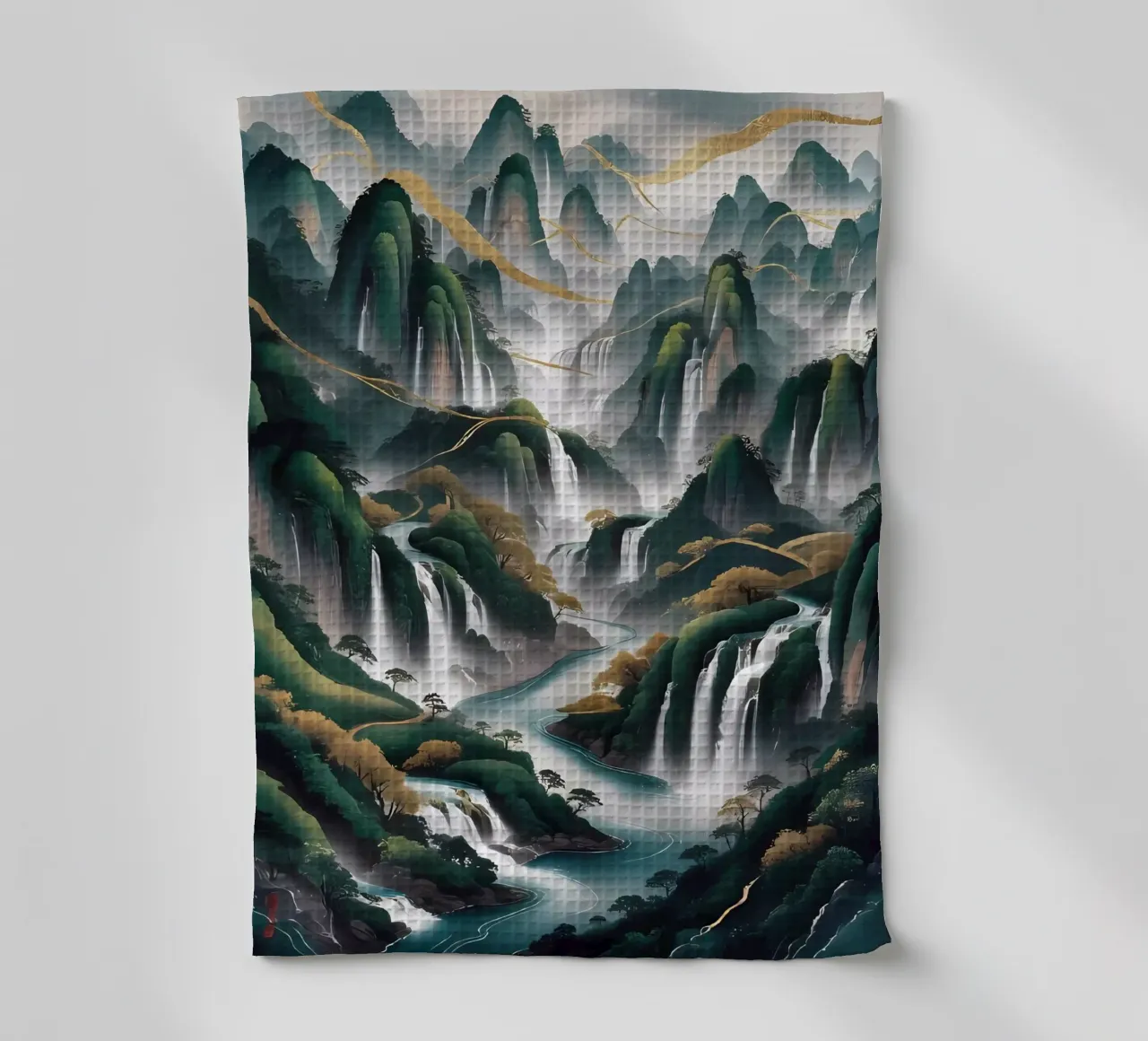 Cascate serene: un'armonia d'oro canovaccio da cucina da Artistic-shop