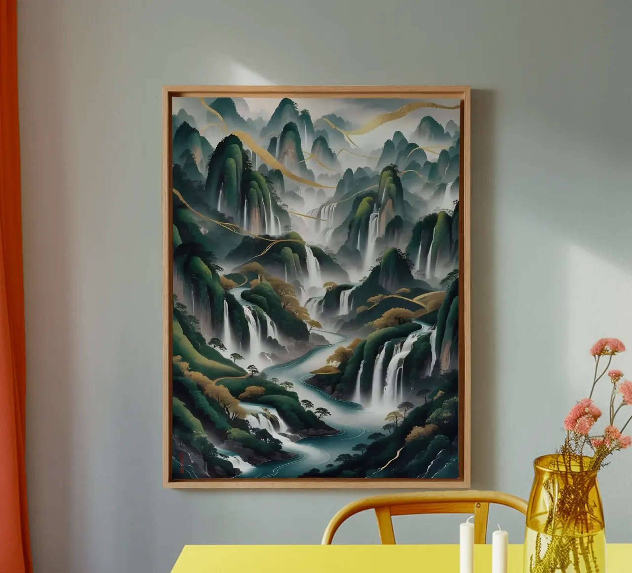 Cascate serene: un'armonia d'oro tela con Cornice a cassetta da Artistic-shop