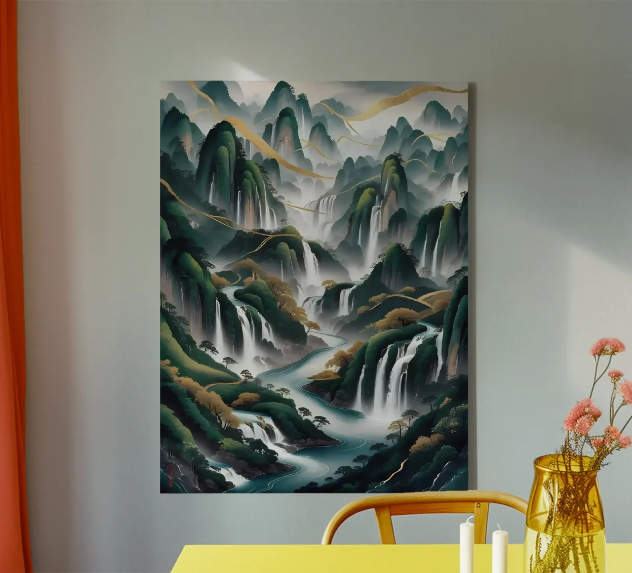 Cascate serene: un'armonia d'oro tela con Cornice a cassetta da Artistic-shop
