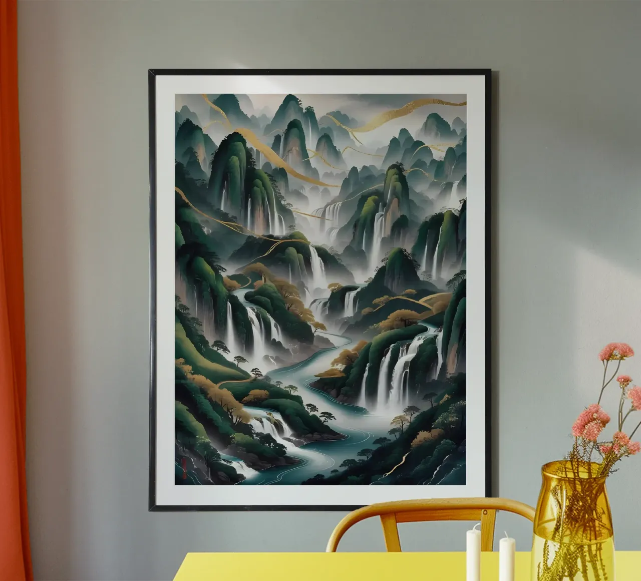 Cascate serene: un'armonia d'oro carta hahnemühle da Artistic-shop