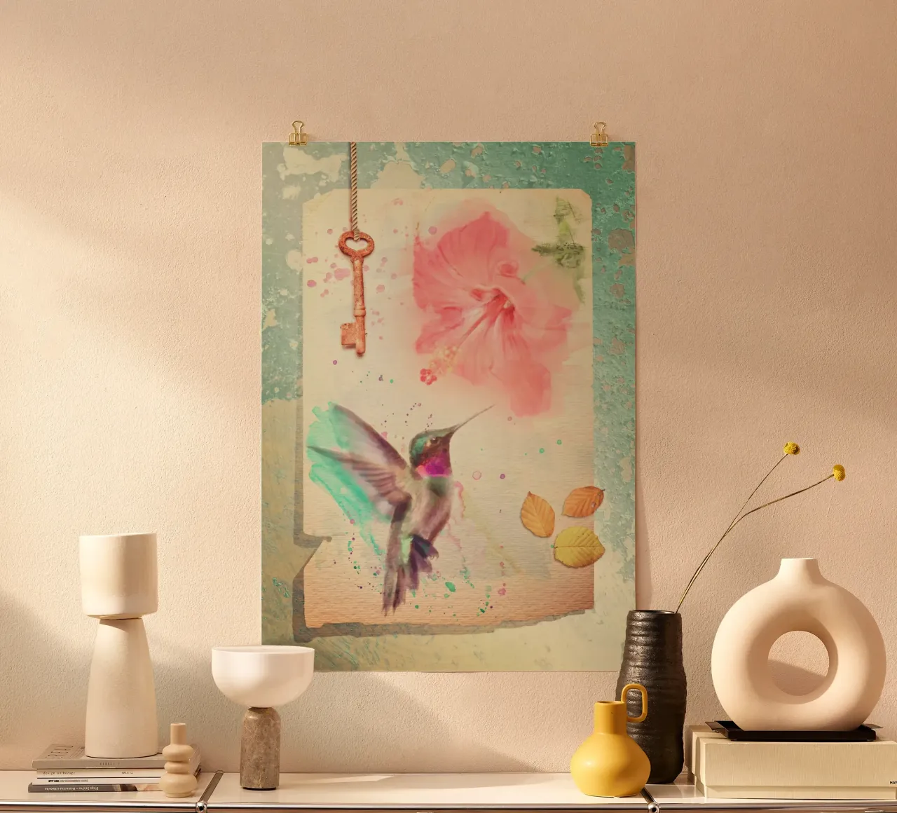Colibrì e ibisco poster con telaio in alluminio da Eva Nev