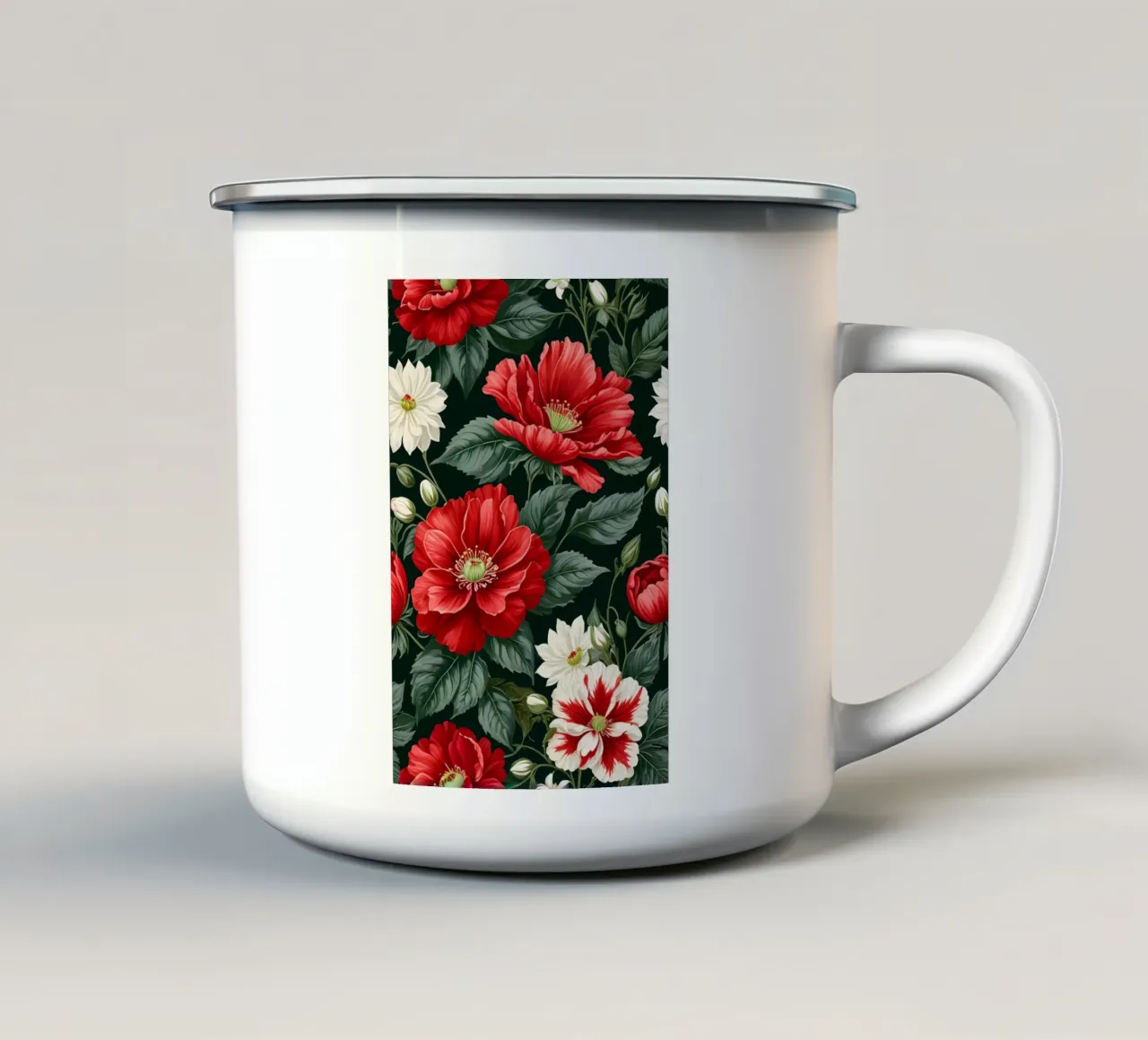 Rapsodia floreale: Una sinfonia di bianco e rosso tazza in smalto da Artistic-shop