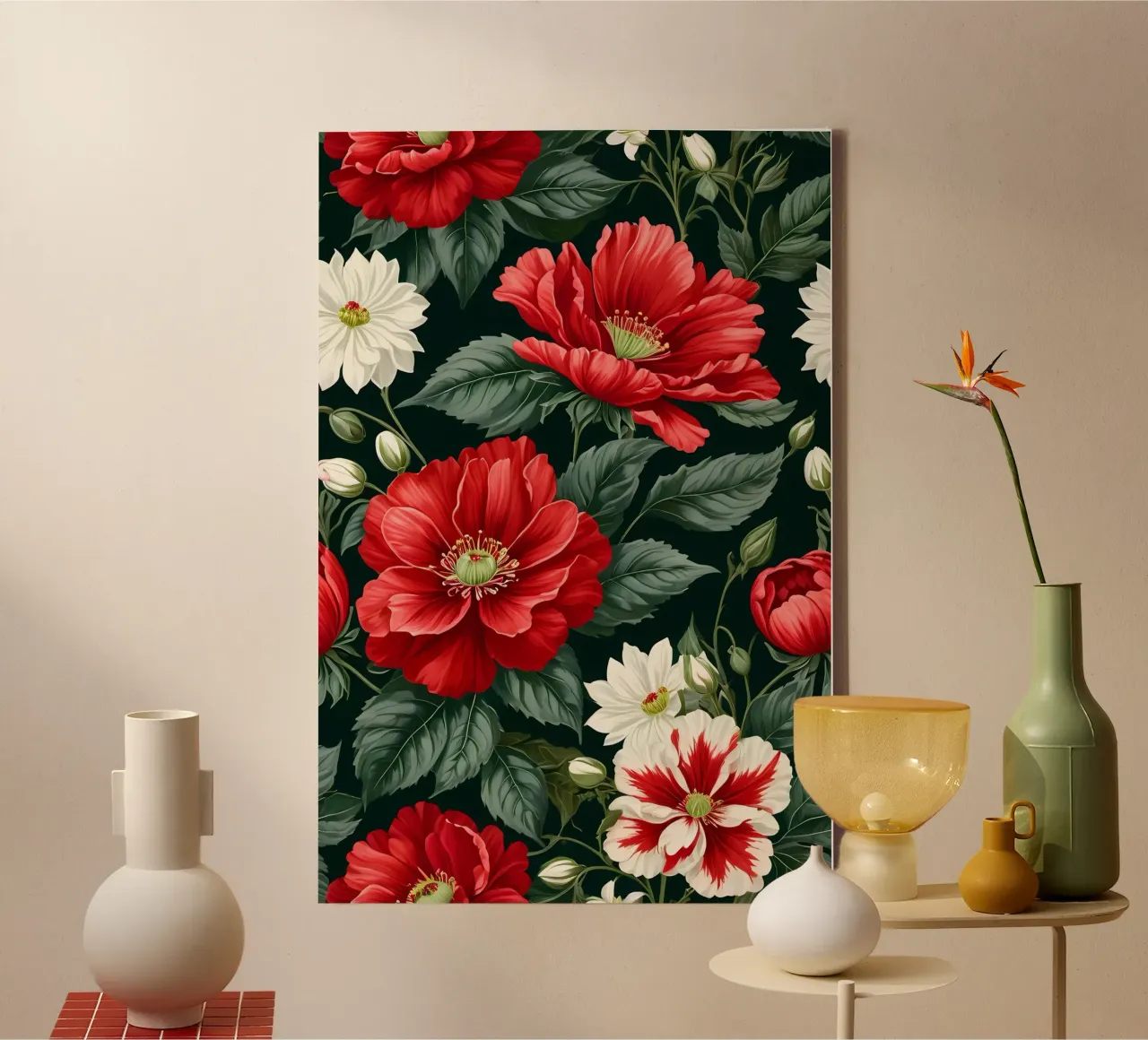 Bloemenrapsodie: Een symfonie van rood en wit canvas met Baklijst van Artistic-shop