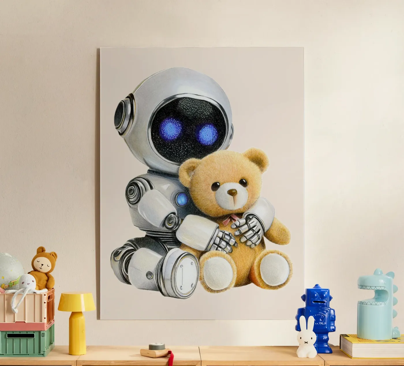 Robot and teddy bear Acryl-Glas von Graphit und Farbe