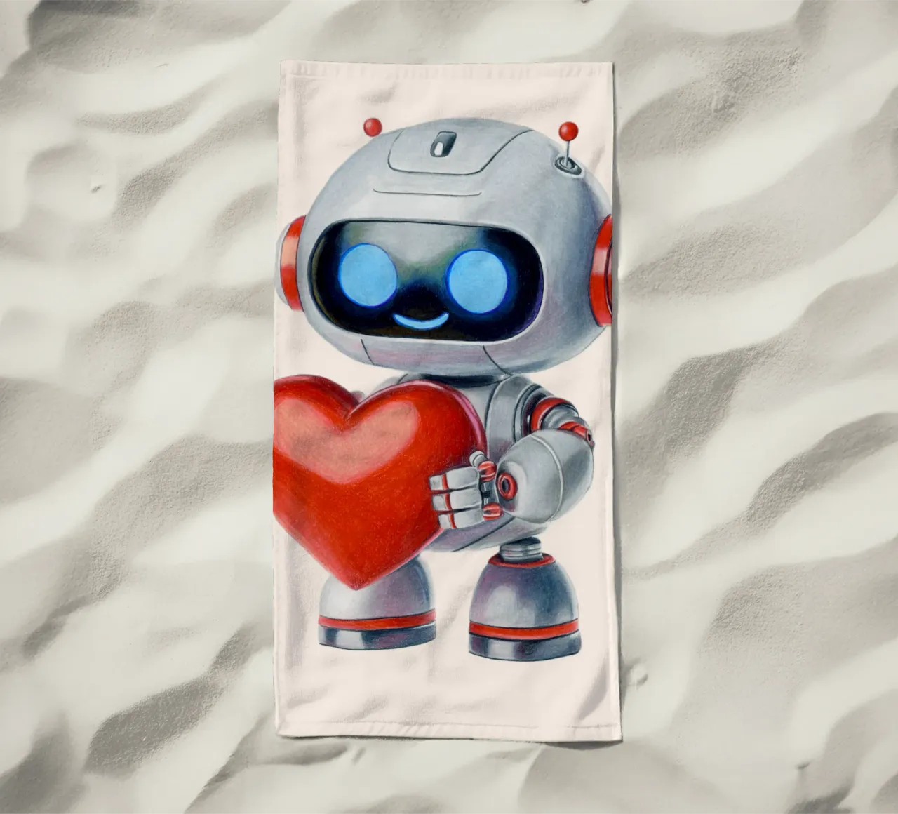 Robots with a heart beach towel by Graphit und Farbe