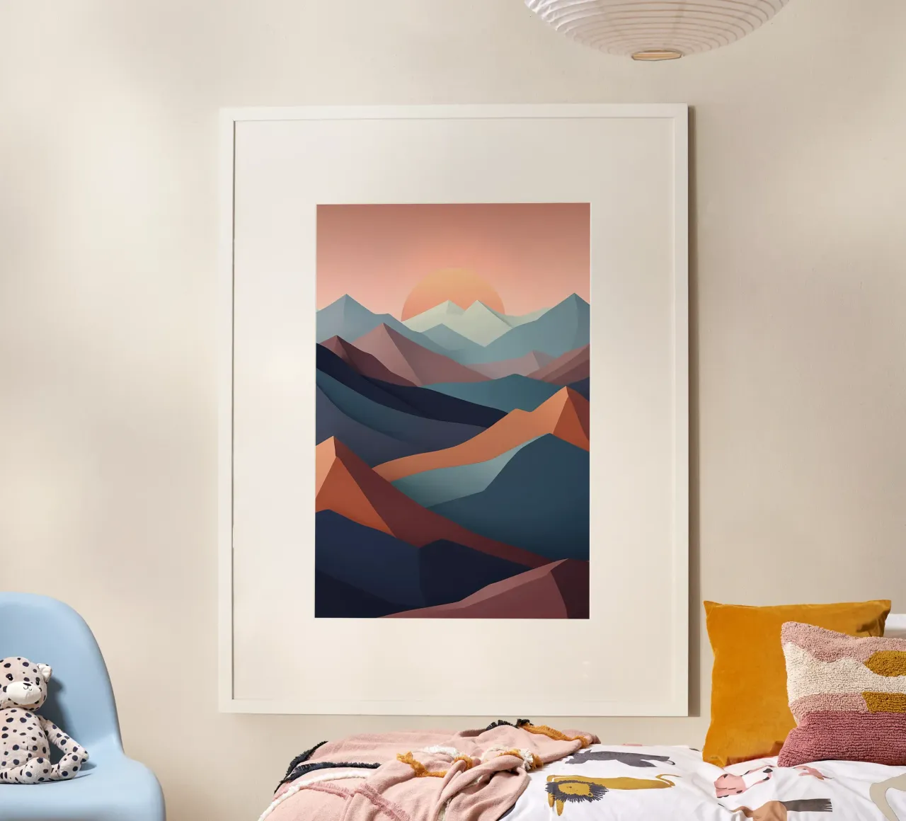 Sunset Serenity: A Minimalist Mountainscape poster with wooden frame by Artistic-shop