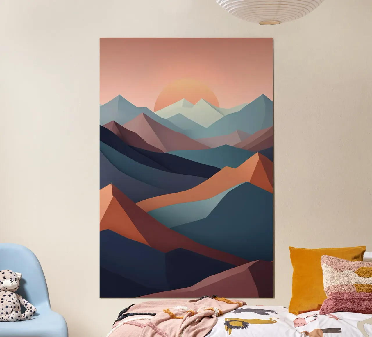 Sunset Serenity: A Minimalist Mountainscape poster with wooden frame by Artistic-shop