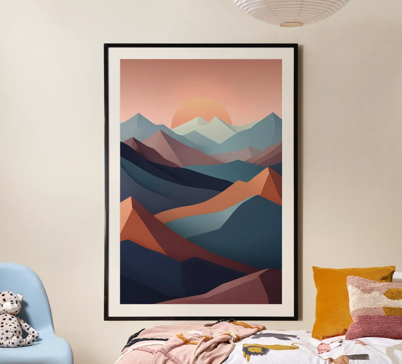 Sunset Serenity: A Minimalist Mountainscape poster with wooden frame by Artistic-shop