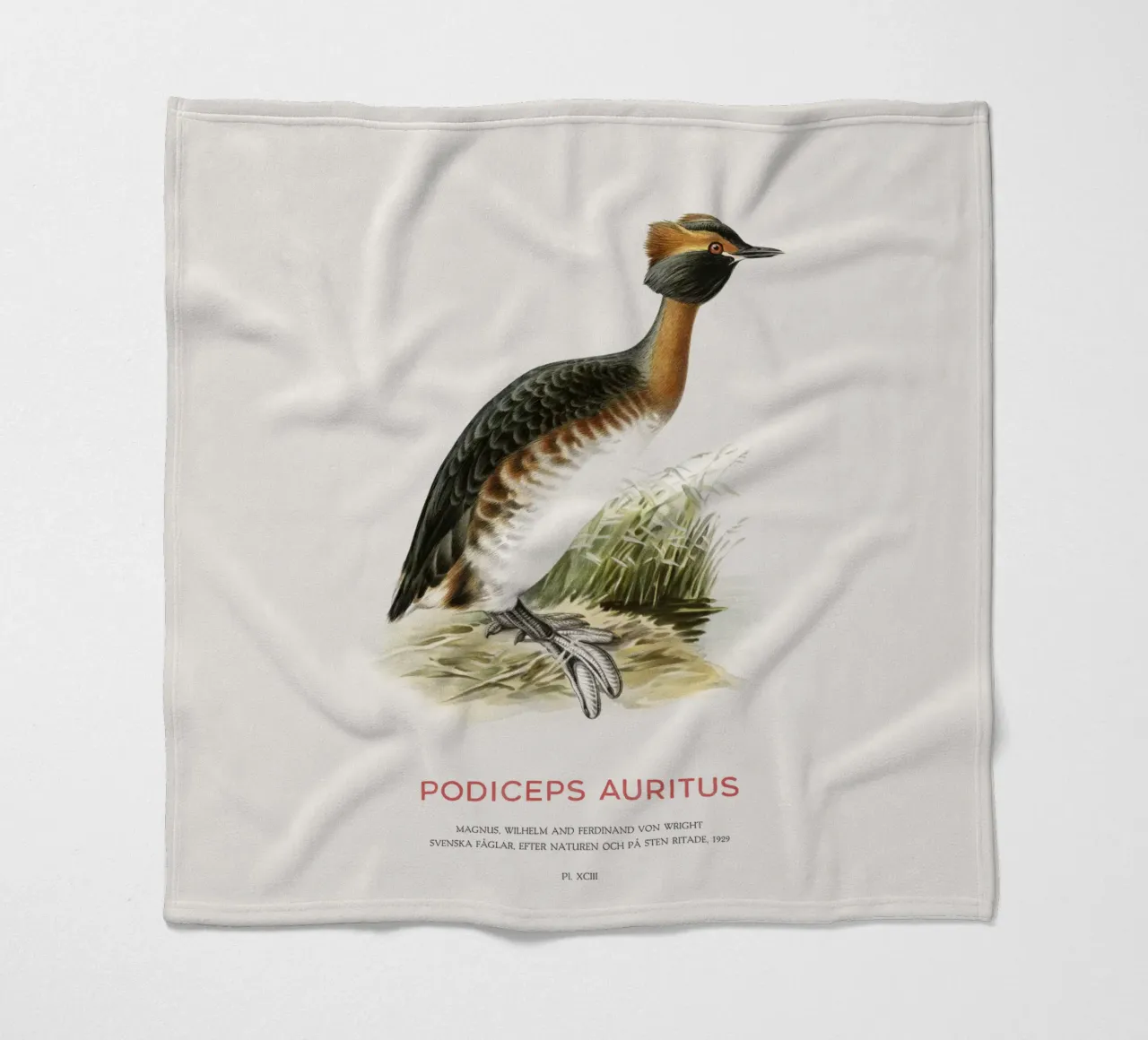 Horned grebe or Podiceps auritus fleece blanket by Vintagrafica