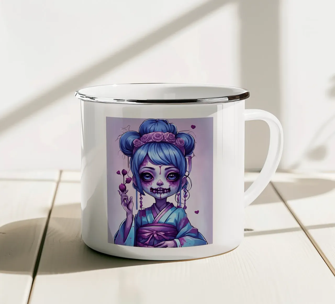Black geisha 6 enamel mug by Rezh creations