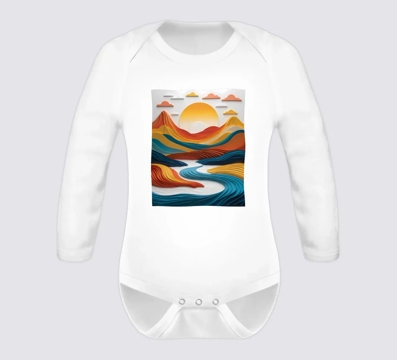 Sunset Serenity: A Papercrafted Mountainscape long-sleeve baby romper by Artistic-shop