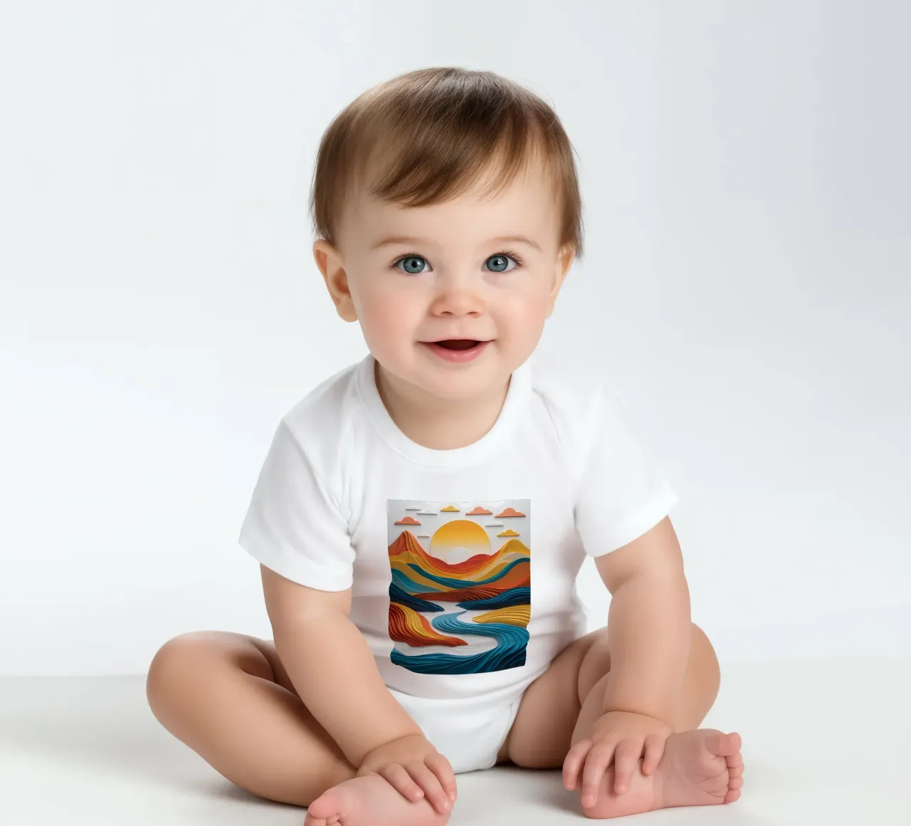Sunset Serenity: A Papercrafted Mountainscape short-sleeve baby romper by Artistic-shop