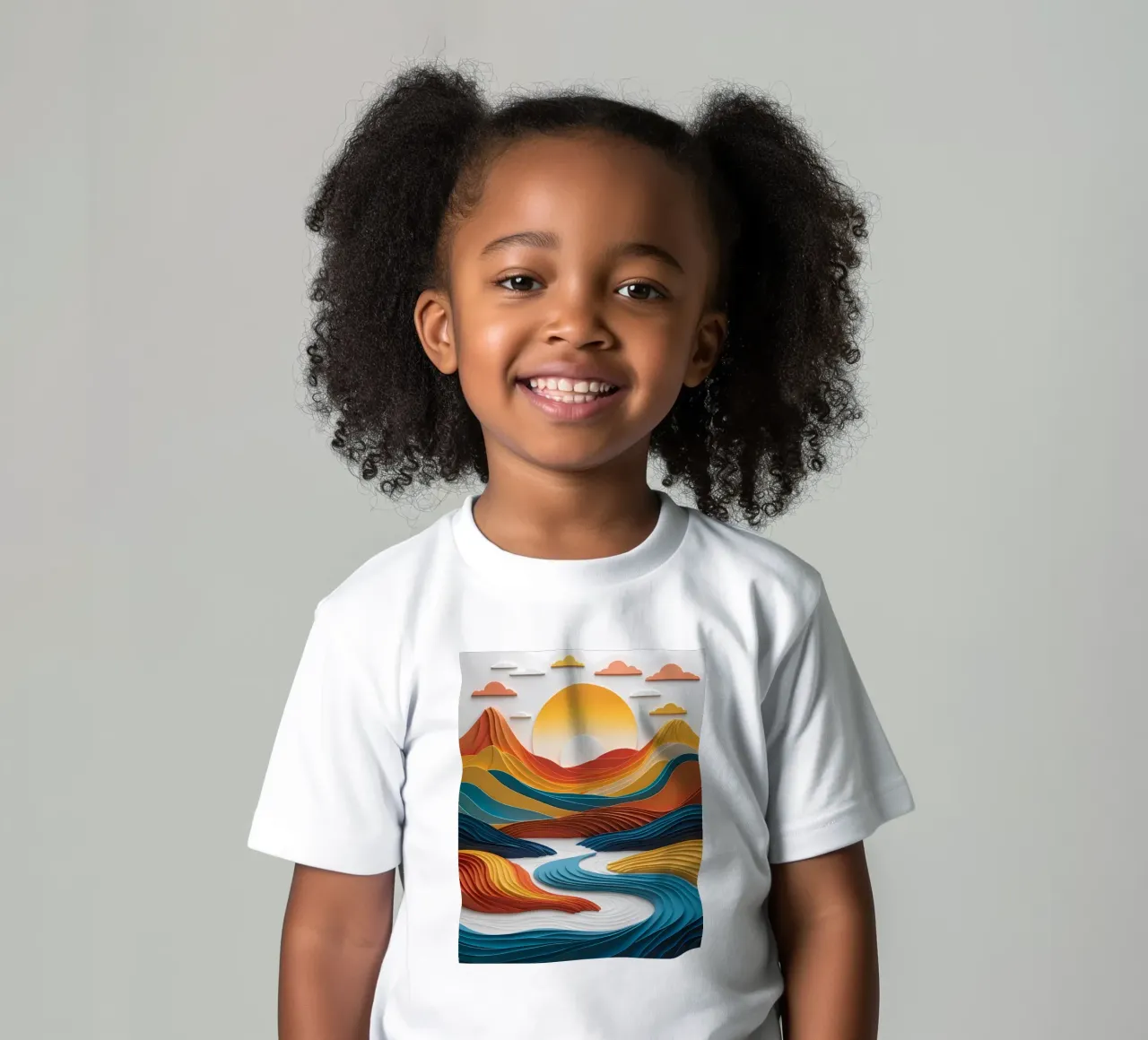 Sunset Serenity: A Papercrafted Mountainscape kids t-shirt by Artistic-shop