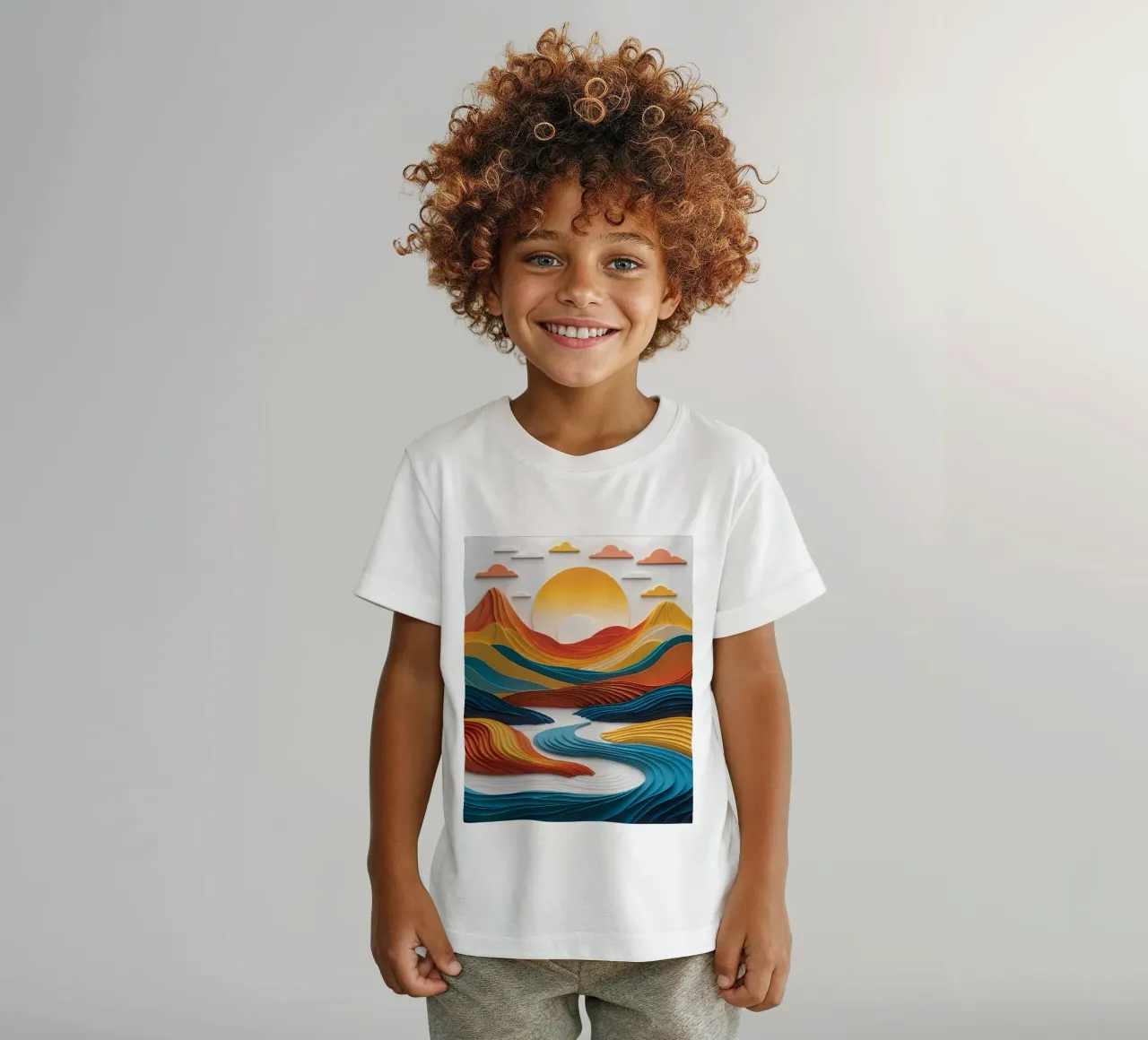 Sunset Serenity: A Papercrafted Mountainscape kids t-shirt by Artistic-shop
