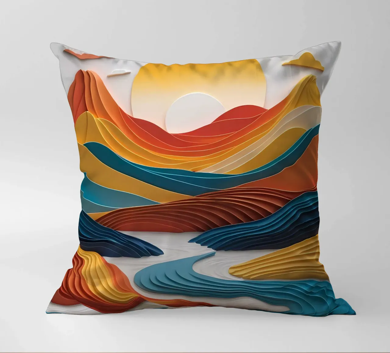 Sunset Serenity: A Papercrafted Mountainscape decorative cushion by Artistic-shop