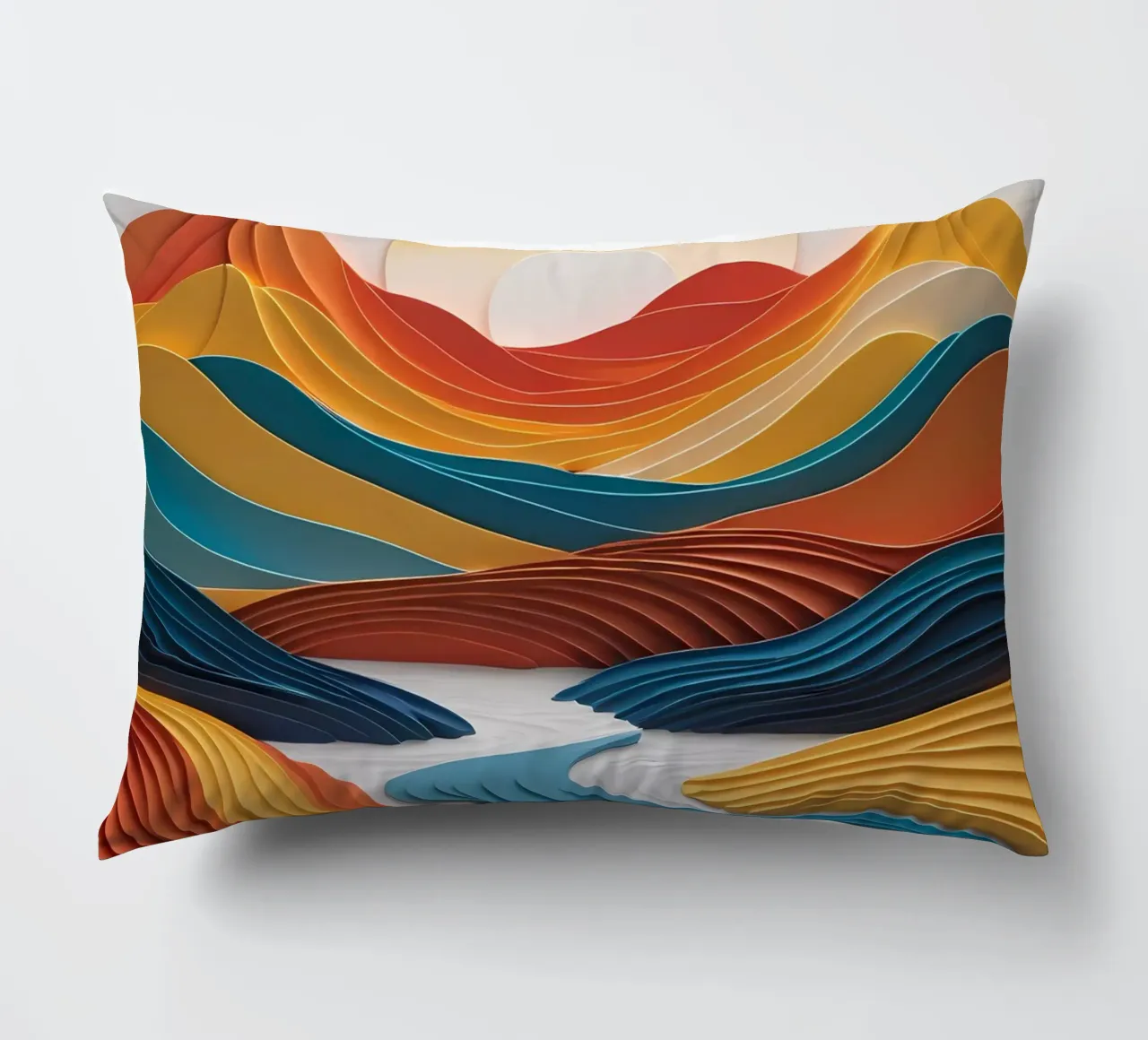 Sunset Serenity: A Papercrafted Mountainscape decorative cushion by Artistic-shop