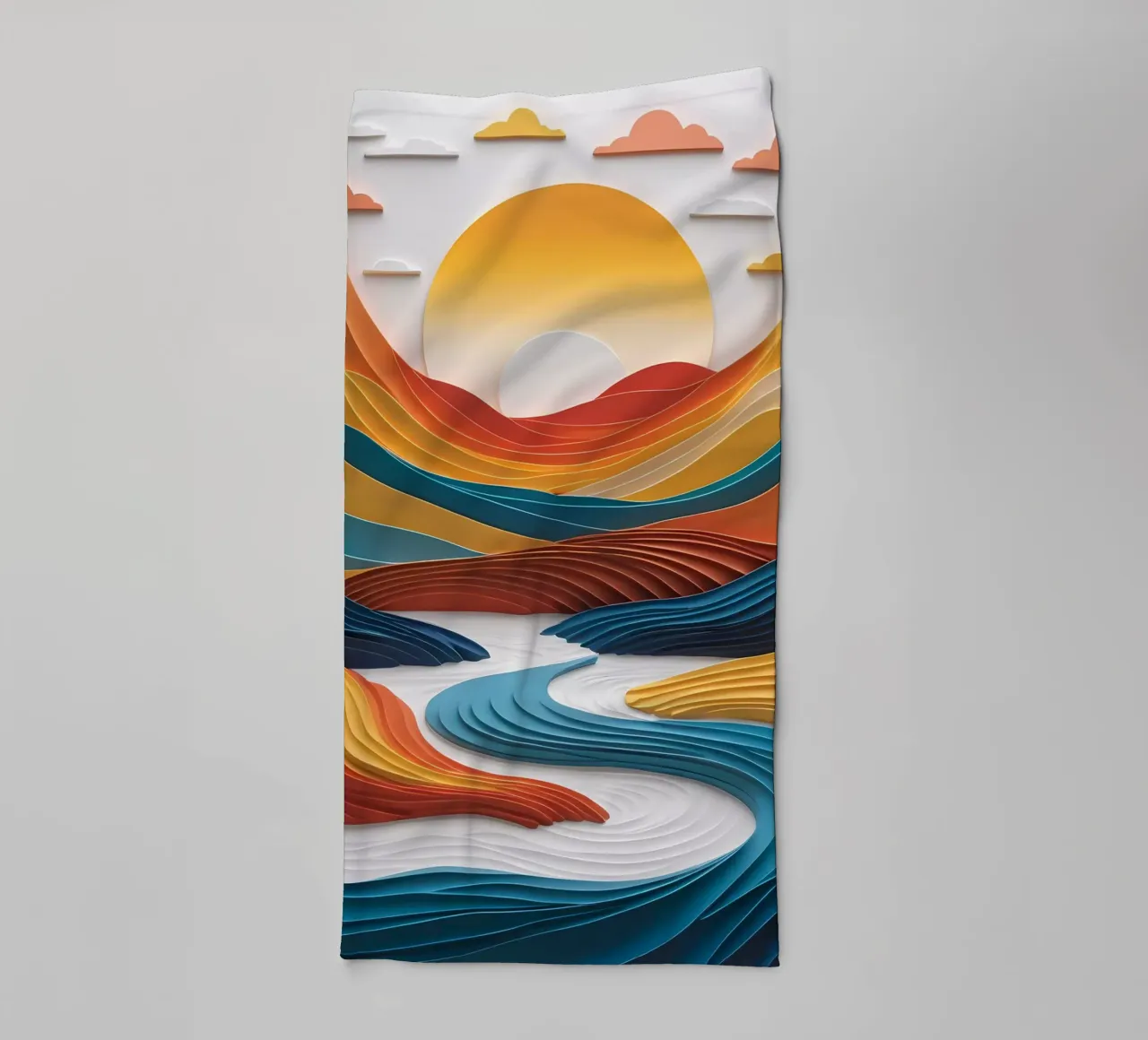 Sunset Serenity: A Papercrafted Mountainscape towel by Artistic-shop