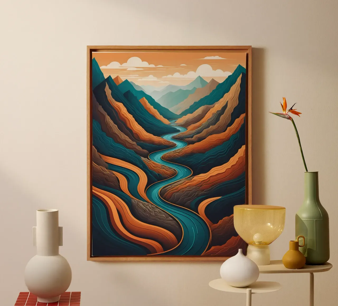 Serpentine Serenity: A River's Journey Through the Mountains canvas with Floater frame by Artistic-shop