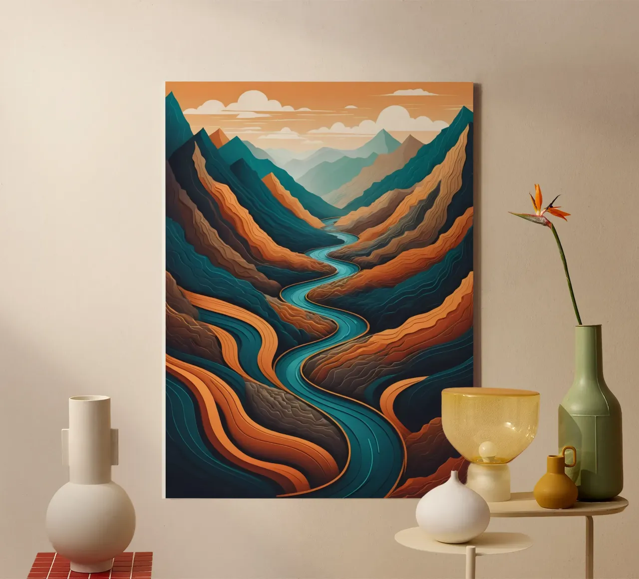 Serpentine Serenity: A River's Journey Through the Mountains canvas with Floater frame by Artistic-shop