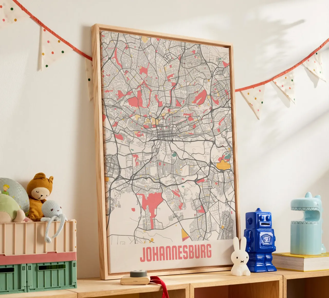Ontdek Johannesburg - moderne stadsplattegrond als kunstdruk canvas met Baklijst van MOOODZART