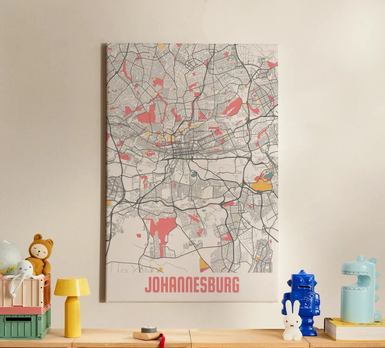 Ontdek Johannesburg - moderne stadsplattegrond als kunstdruk canvas met Baklijst van MOOODZART