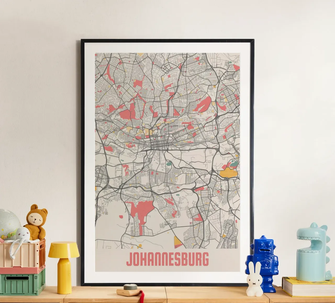 Descubra Johannesburgo - mapa moderno de la ciudad como impresión artística poster con marco de madera de MOOODZART