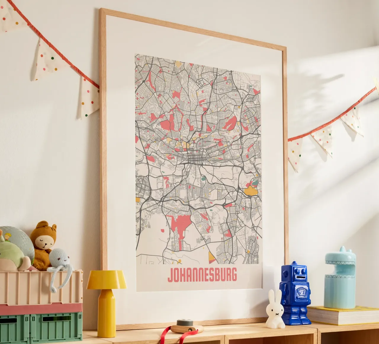 Descubra Johannesburgo - mapa moderno de la ciudad como impresión artística poster con marco de madera de MOOODZART