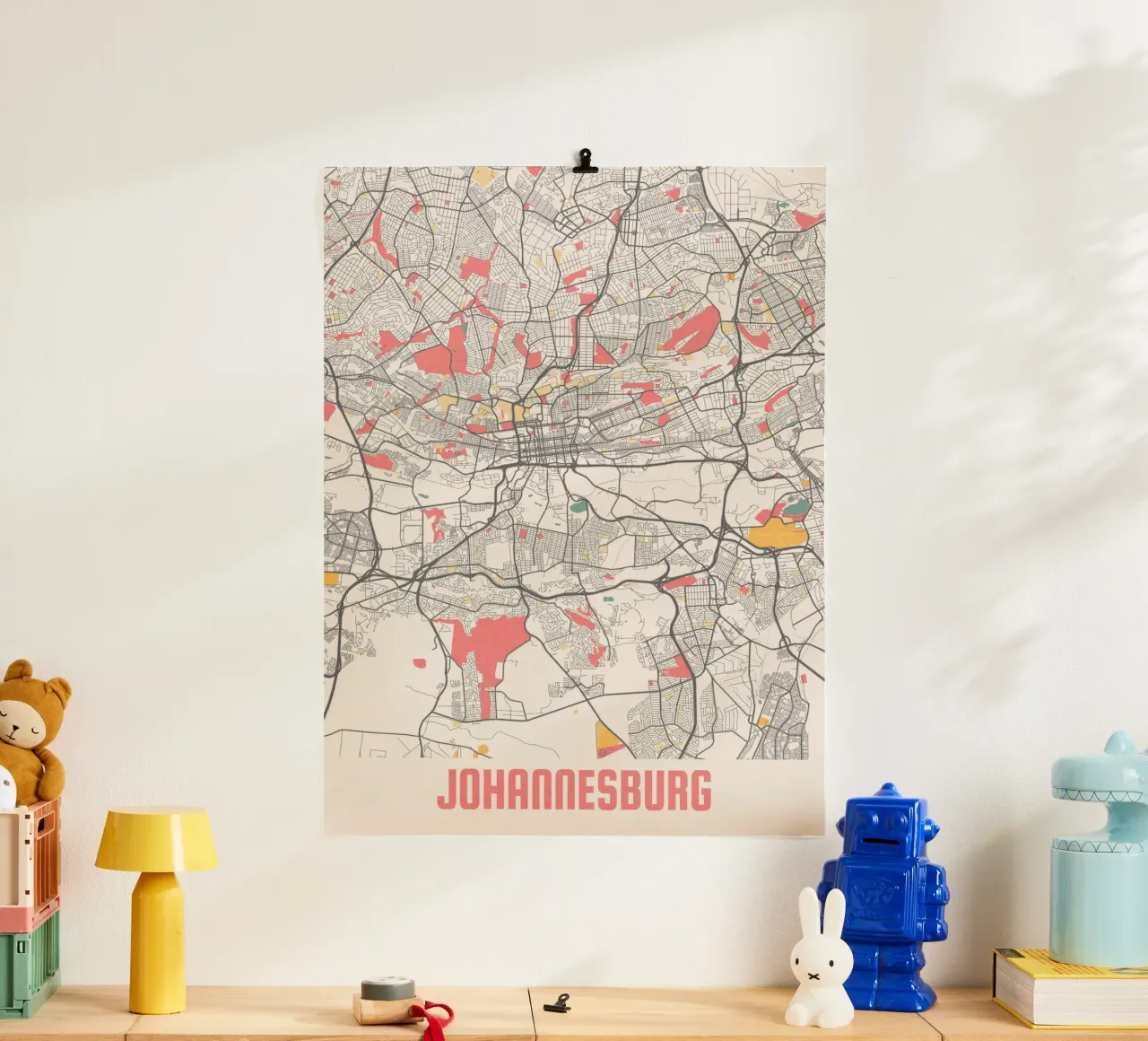 Descubra Johannesburgo - mapa moderno de la ciudad como impresión artística poster con marco de madera de MOOODZART