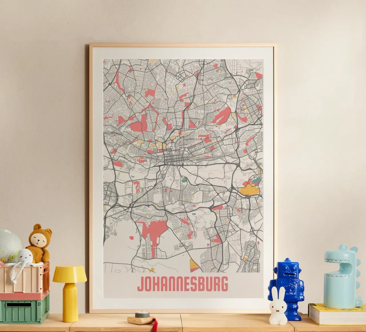 Descubra Johannesburgo - mapa moderno de la ciudad como impresión artística poster con marco de madera de MOOODZART