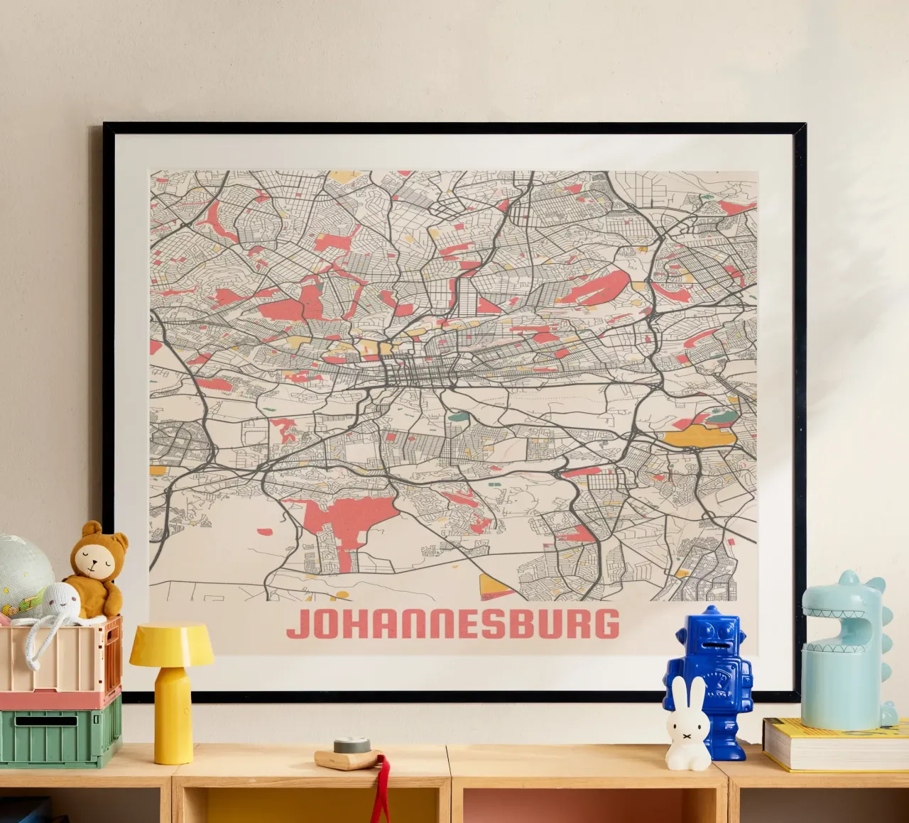 Descubra Johannesburgo - mapa moderno de la ciudad como impresión artística poster con marco de madera de MOOODZART
