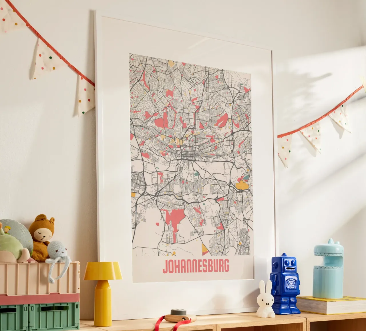Descubra Johannesburgo - mapa moderno de la ciudad como impresión artística poster con marco de madera de MOOODZART