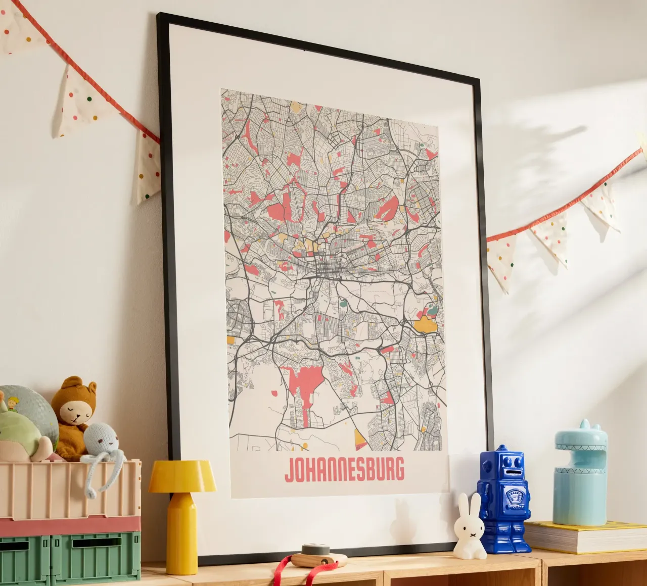 Descubra Johannesburgo - mapa moderno de la ciudad como impresión artística poster con marco de madera de MOOODZART