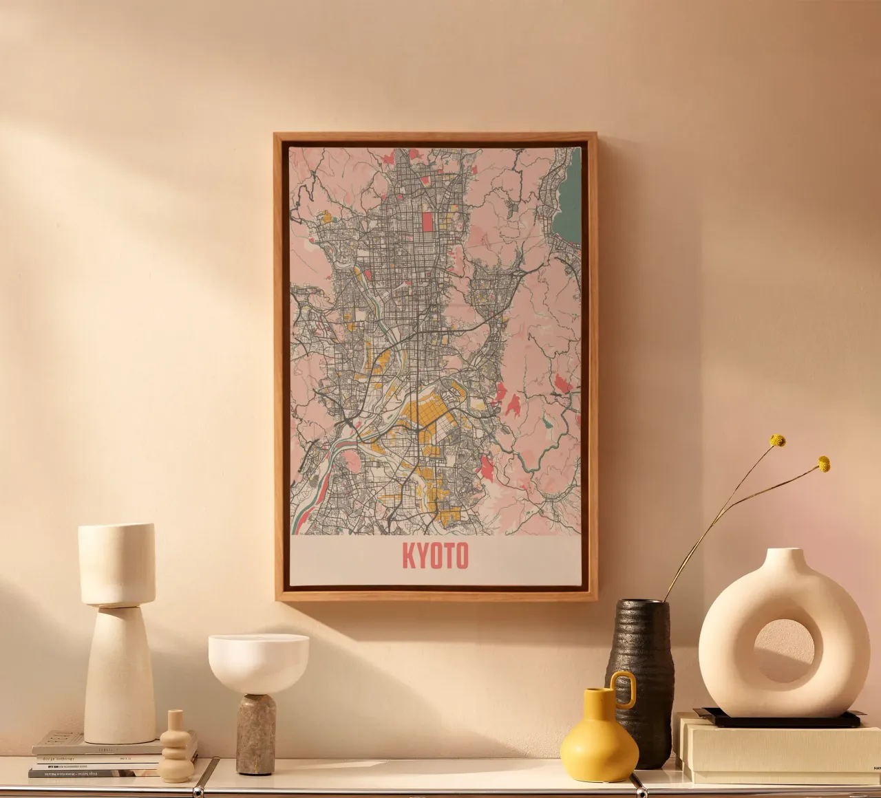 Ontdek Kyoto - Stijlvolle stadsplattegrond als fine art print canvas met Baklijst van MOOODZART