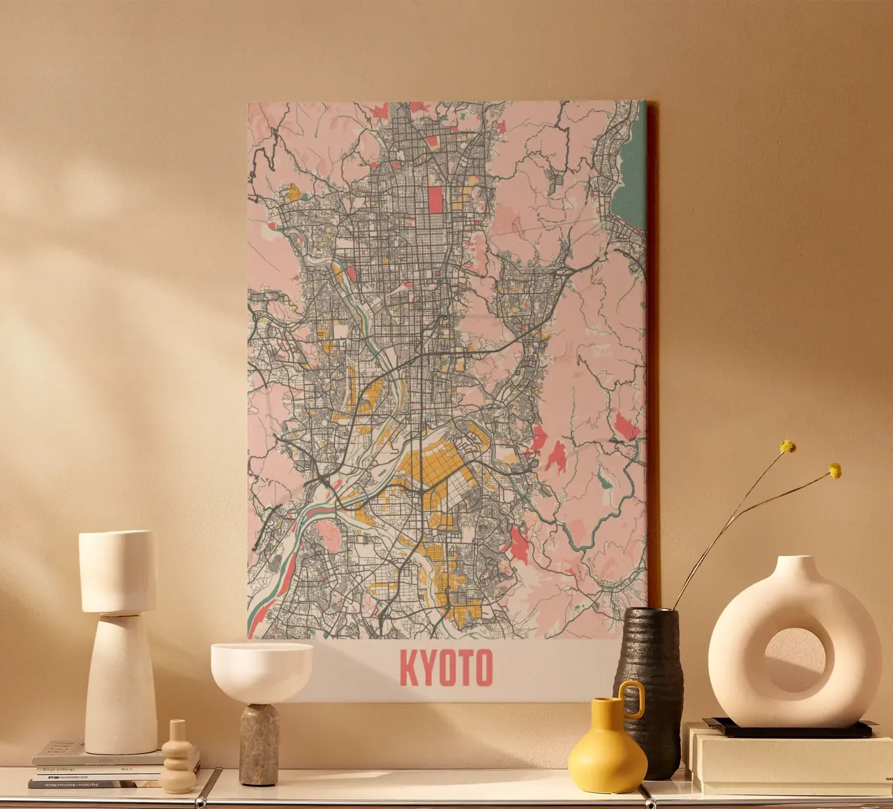 Ontdek Kyoto - Stijlvolle stadsplattegrond als fine art print canvas met Baklijst van MOOODZART