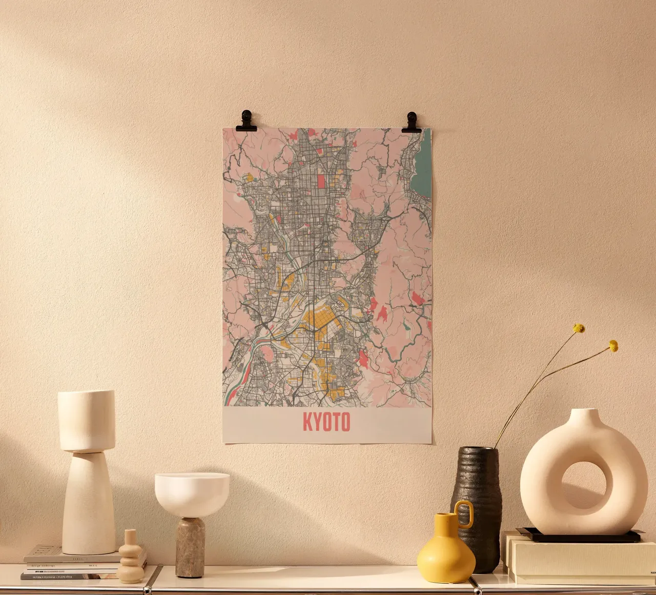 Ontdek Kyoto - Stijlvolle stadsplattegrond als fine art print poster met kunststof frame van MOOODZART