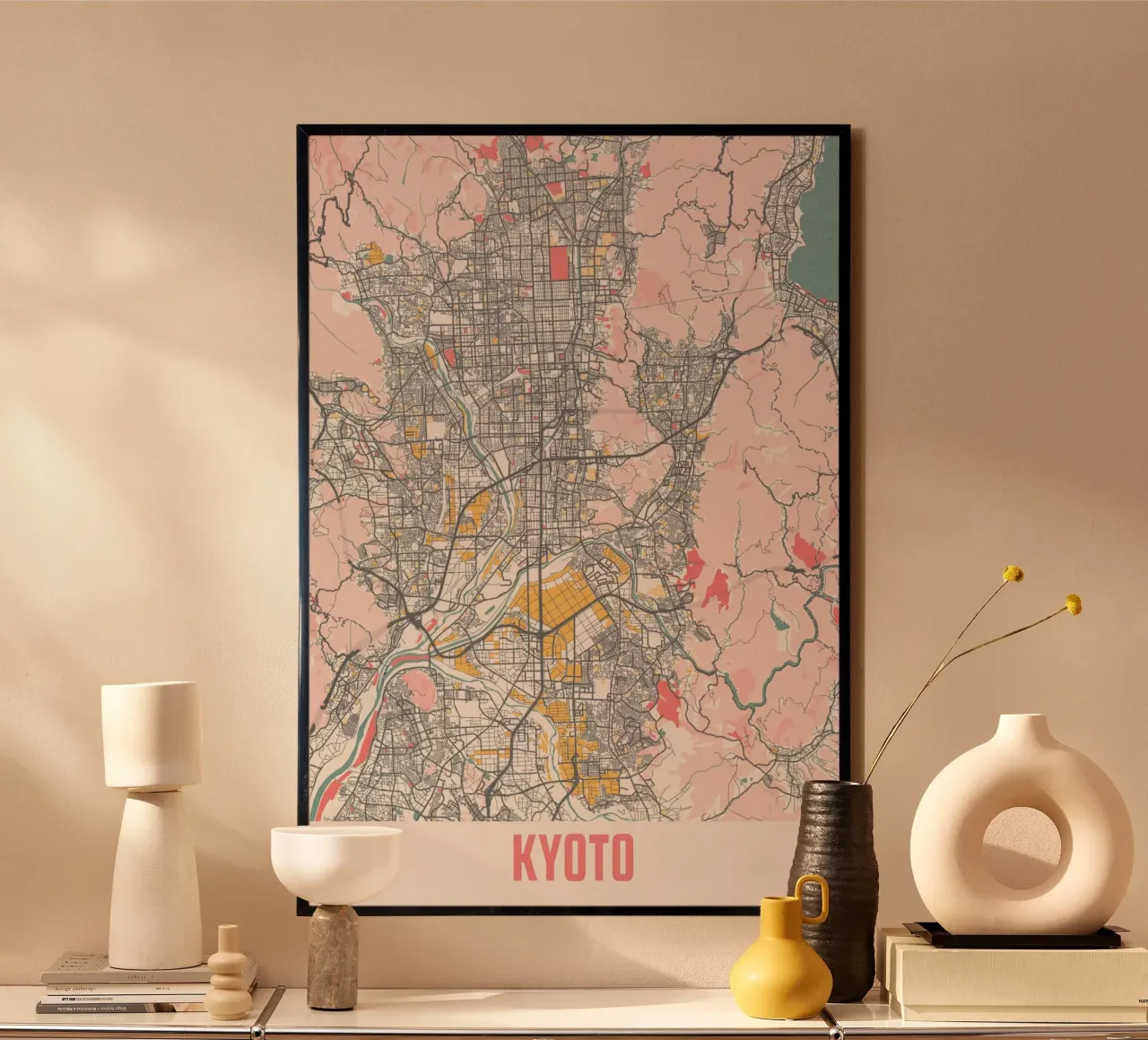 Ontdek Kyoto - Stijlvolle stadsplattegrond als fine art print poster met kunststof frame van MOOODZART