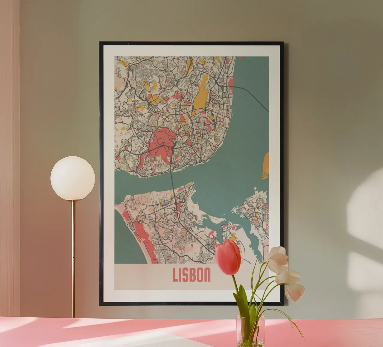 Beleef Lissabon - Elegante stadsplattegrond als fine art print poster met kunststof frame van MOOODZART