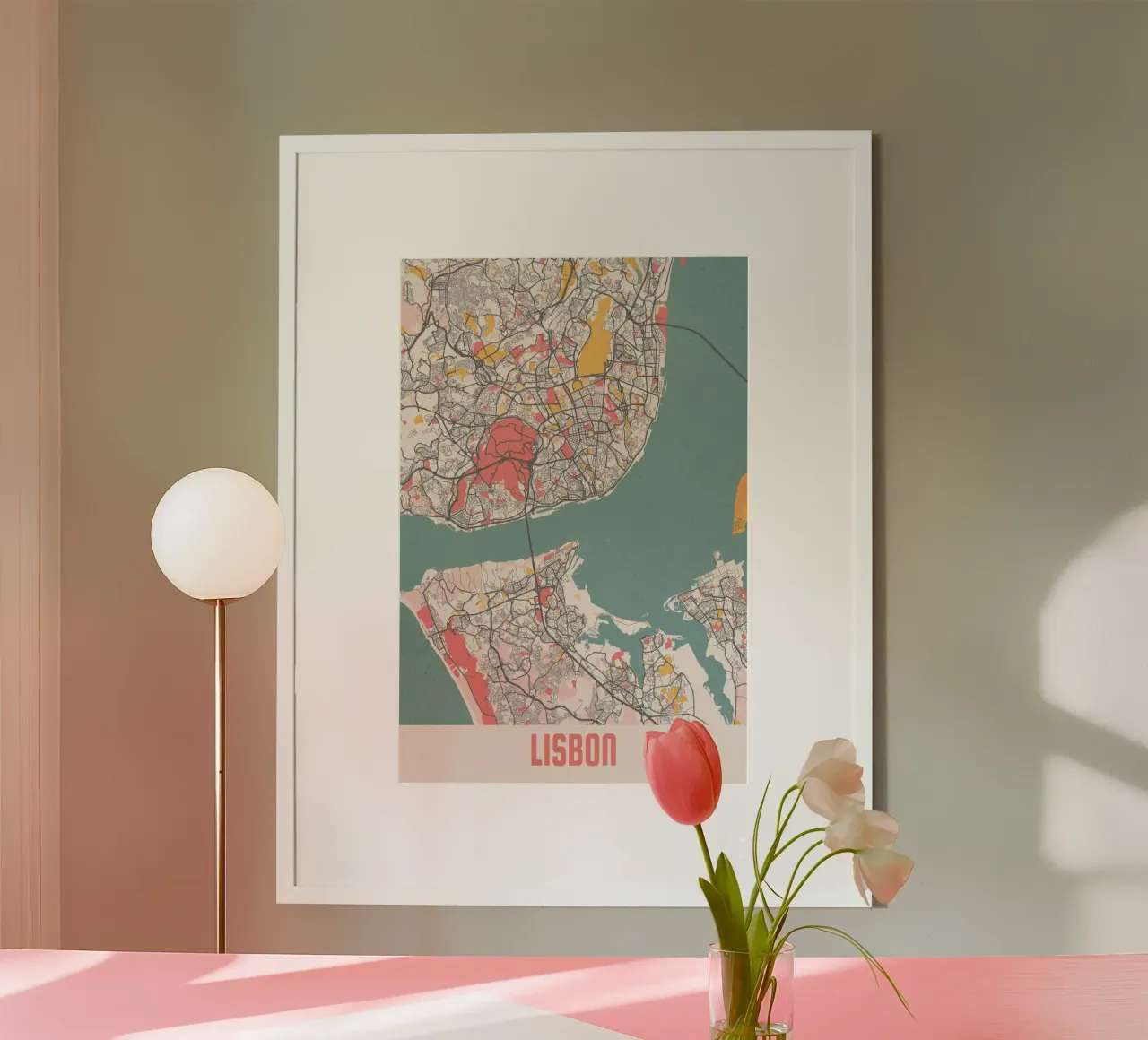 Beleef Lissabon - Elegante stadsplattegrond als fine art print poster met kunststof frame van MOOODZART