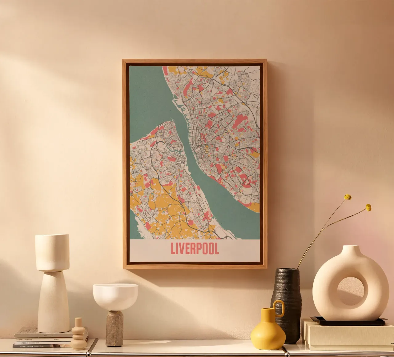 Liverpool in één oogopslag - Moderne stadsplattegrond als kunstdruk canvas met Baklijst van MOOODZART