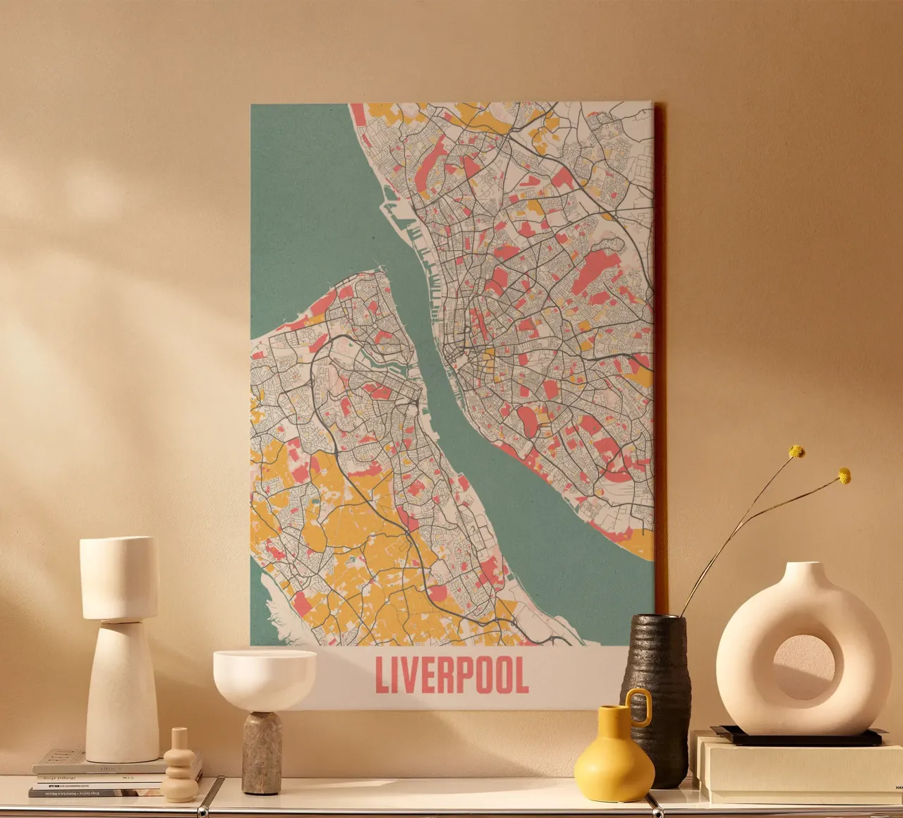Liverpool in één oogopslag - Moderne stadsplattegrond als kunstdruk canvas met Baklijst van MOOODZART
