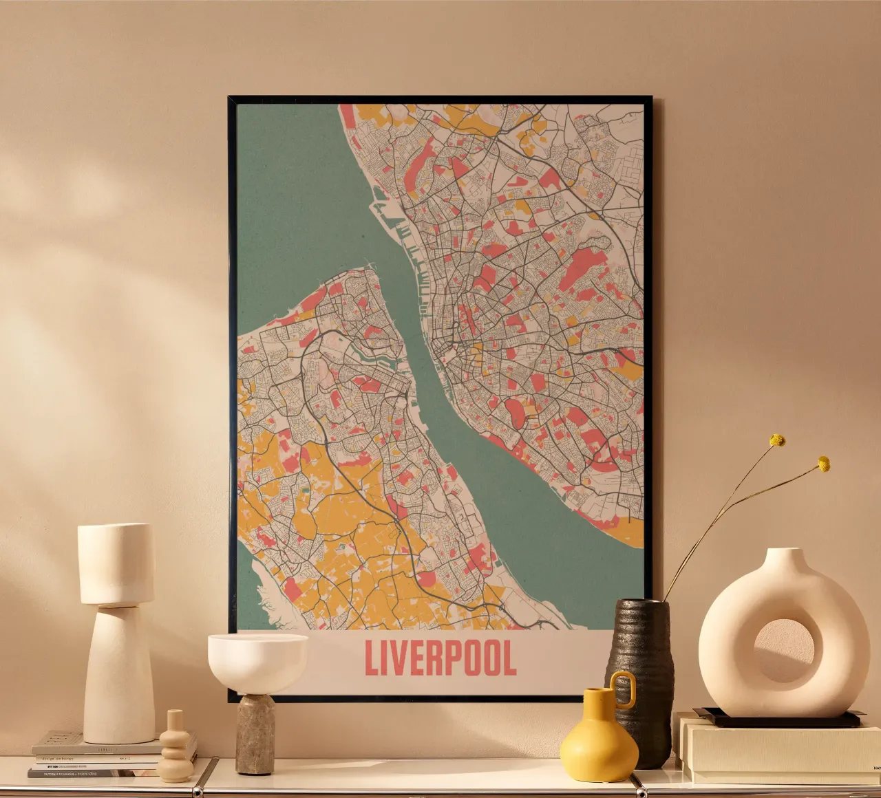Liverpool in één oogopslag - Moderne stadsplattegrond als kunstdruk poster met kunststof frame van MOOODZART