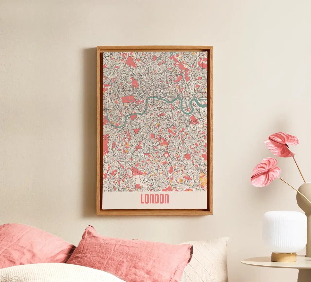 Ontdek Londen - Stijlvolle stadsplattegrond als fine art print canvas met Baklijst van MOOODZART